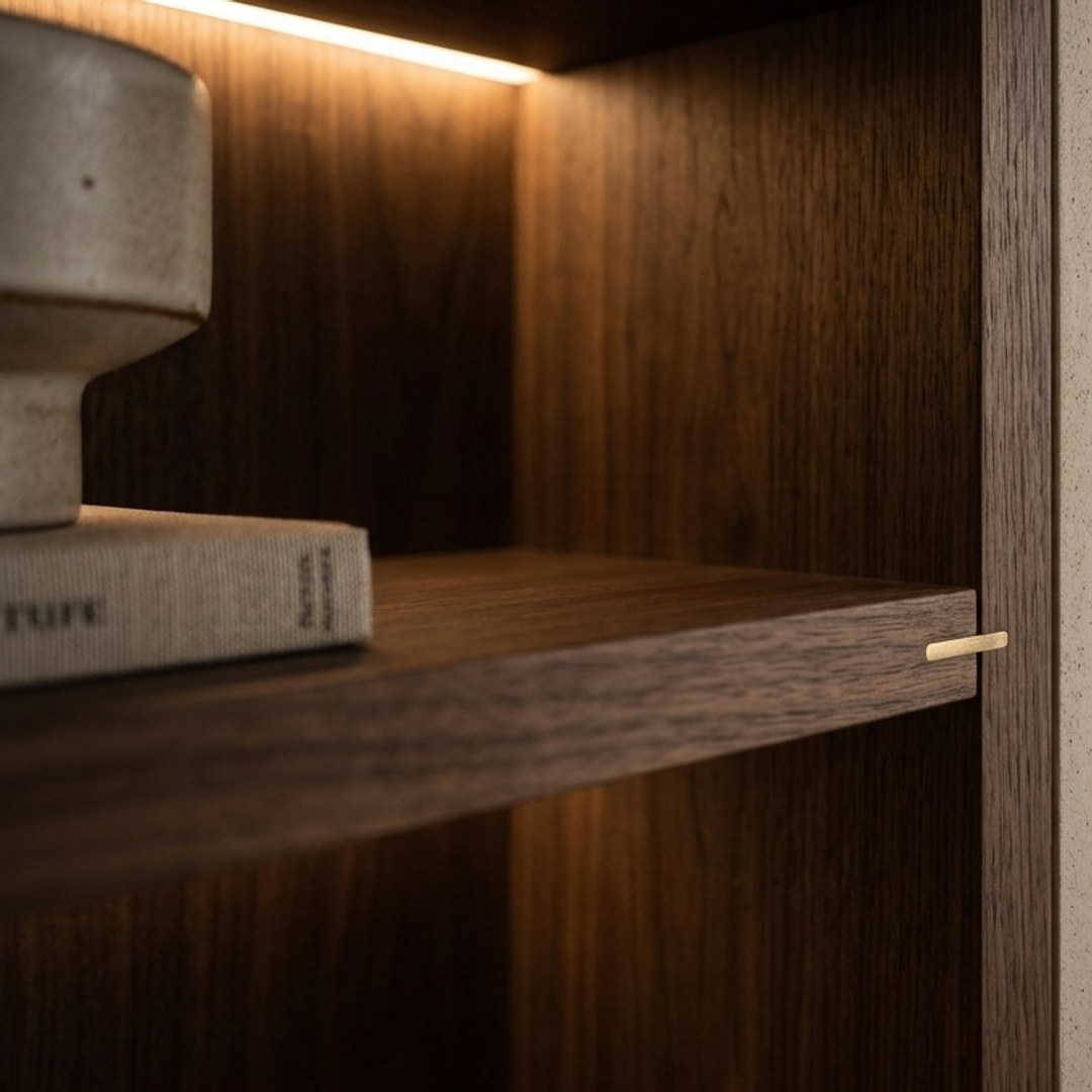 Wood shelving meets plaster wall
